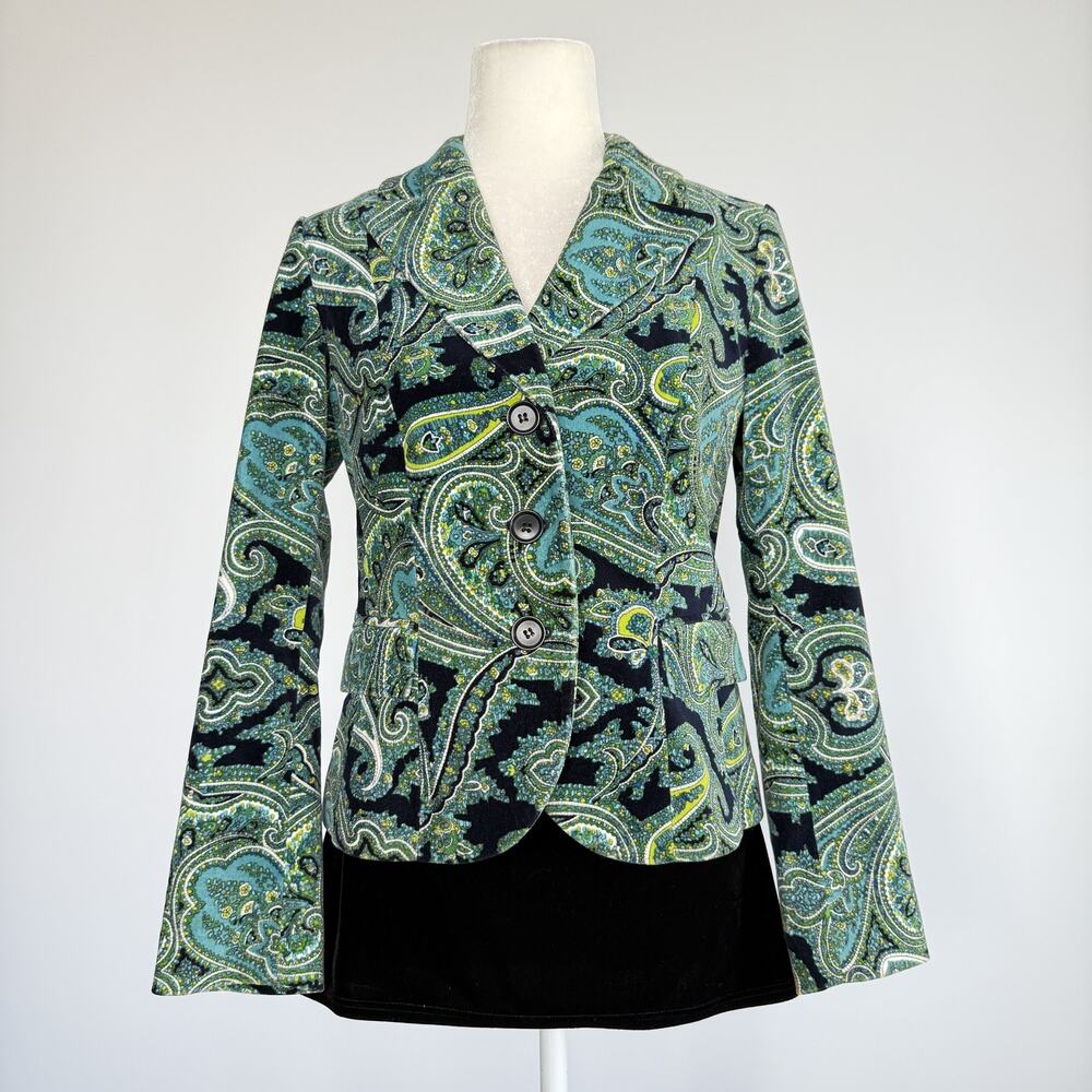 Talbots Blazer Jacket Womens 6P Green Paisley Velvet Button Front Lined Short